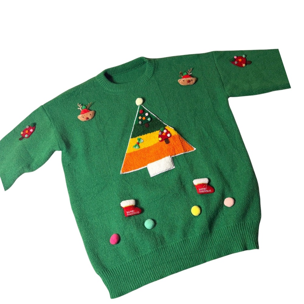 Green Ugly Christmas Sweater Women Large 3D Reindeer Tree Pom Poms Holiday Party